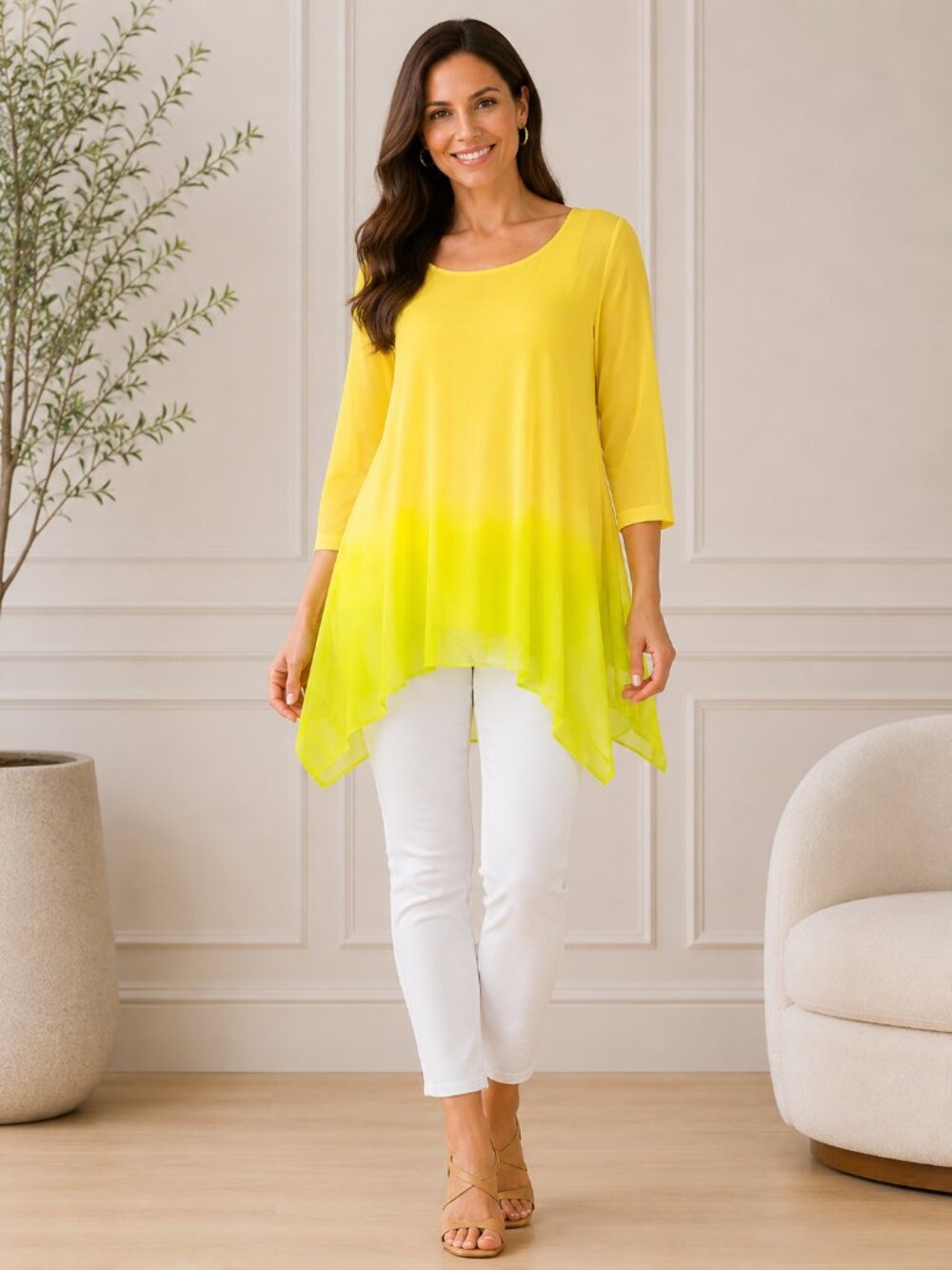 Attitudes by Renee Ombre Tunic Top Yellow Green Large NWOT